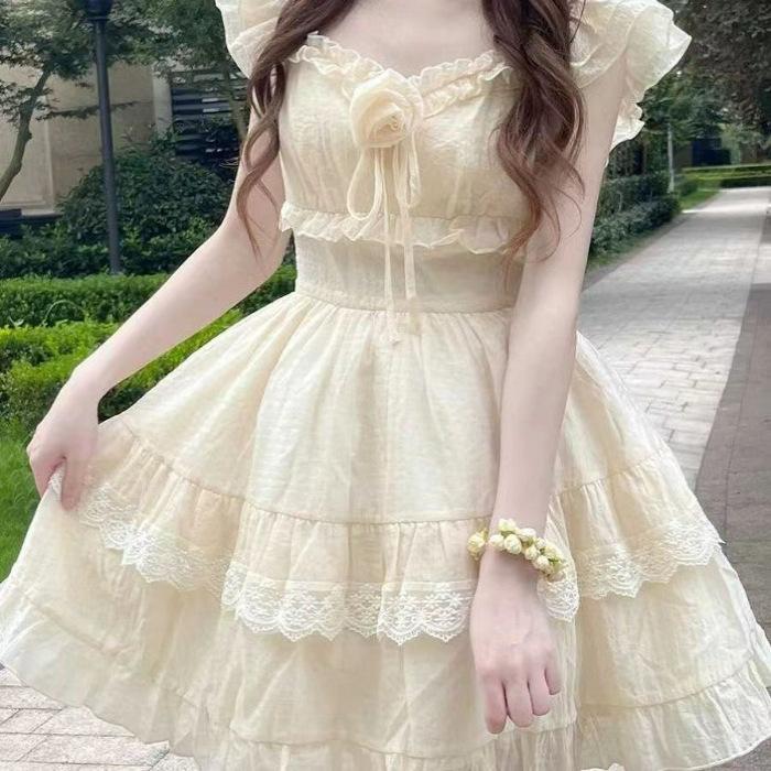 Süßes erste Liebe Schleife Kleid Damen Sommer Französisch kleine Fledermausärmel Prinzessin Kuchenkleid Taille flauschiger Rock