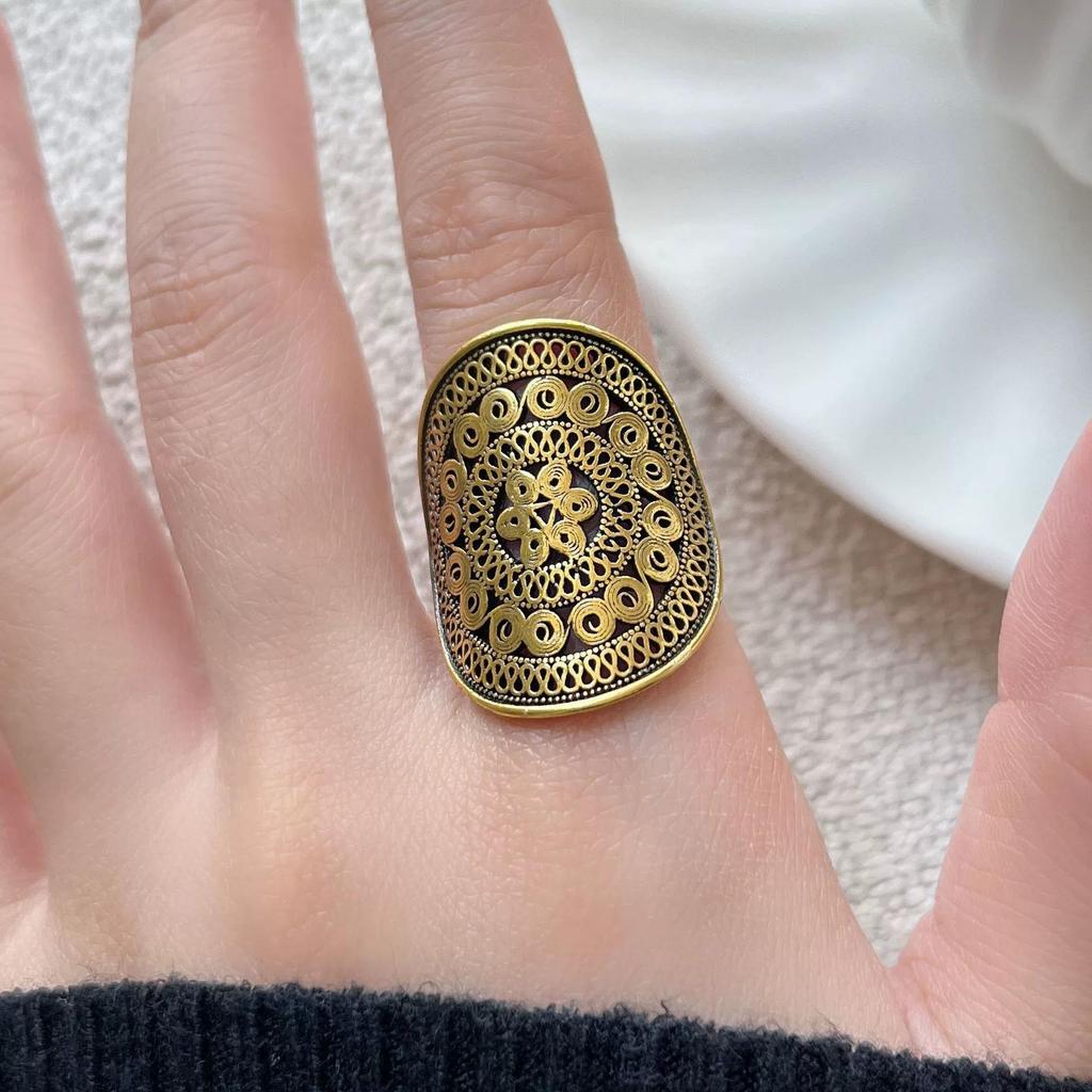 Ethnic Floral Pattern Adjustable Open Ring - Women's Retro Fashion Statement Index Finger Ring