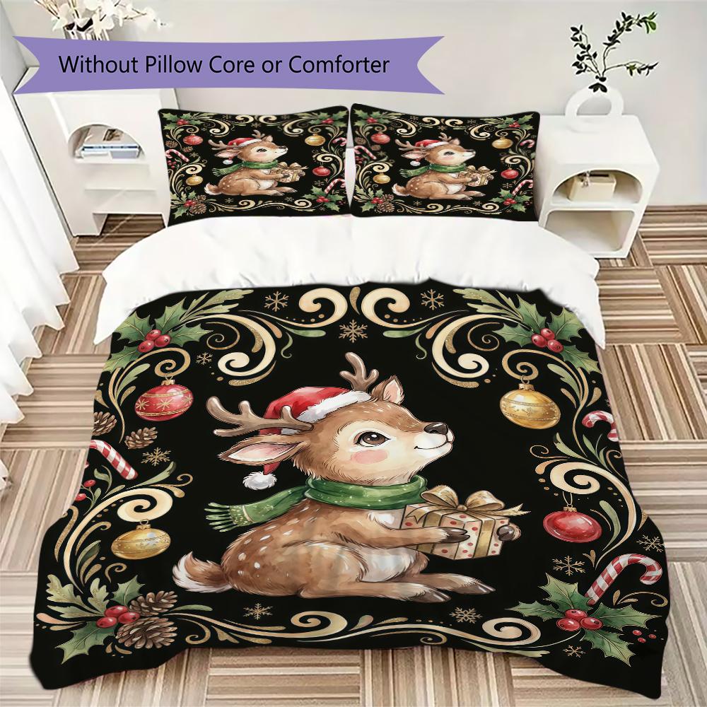 Deer Festive Scene Pattern Bedding Uilt Set Uilt Cover Pillowcase Home Decoration Birthday Gift (1 * Duvet Cover + 2 * Pillowcase Without core)_XIA