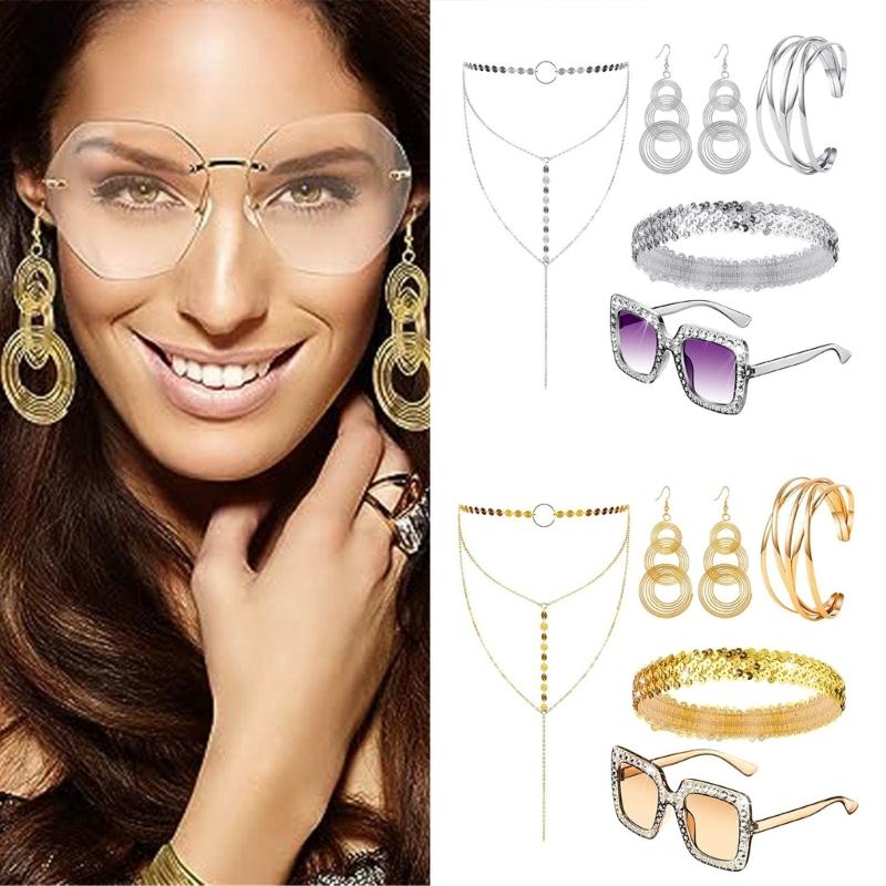 5 Peças Bijuteria Fantasia Disco Anos 1970, Óculos de Sol Brincos Colar Tiara Pulseira, para Mulheres Festa Temática Disco Anos 70/80