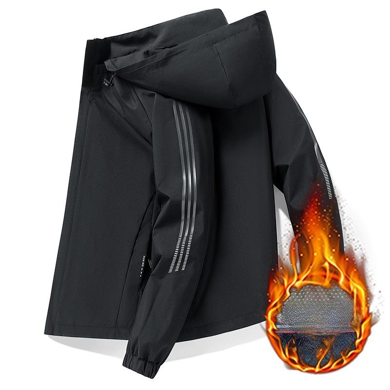 Dünner Kapuzenmantel in Kontrastfarbe mit drei Streifen, Herbst und Winter, wind- und wasserdicht, vielseitige Freizeitjacke für Herren aus Samt