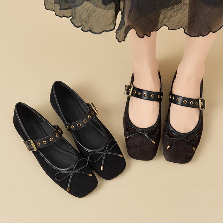 Sheepskin flat-soled single shoes new one-word belt super soft Mary Jane women's shoes bow soft-soled grandma shoes
