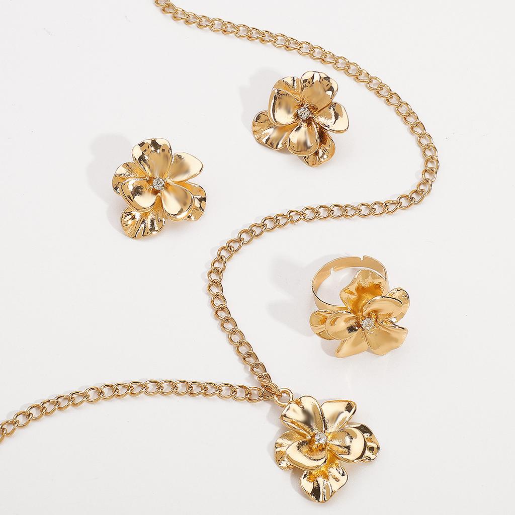 Women French Minimalist Design Metal Flower Stud Earrings Elegant Double Layer Flower Rhinestone Necklace Ring Jewelry