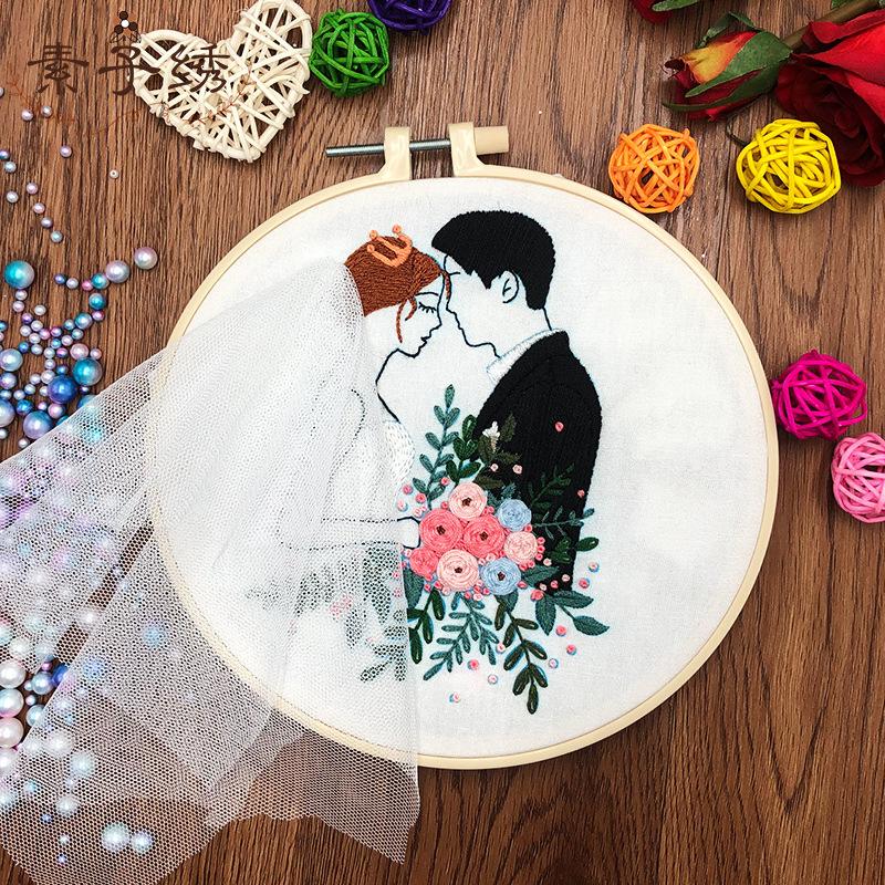 1pc Couple Wedding Pattern Embroidery DIY Fabric Craft Kit Creative Craft Needle and Thread