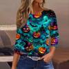 Women's Casual Three-Quarter Sleeve Round Neck Top with Halloween Print for Holiday Outfits