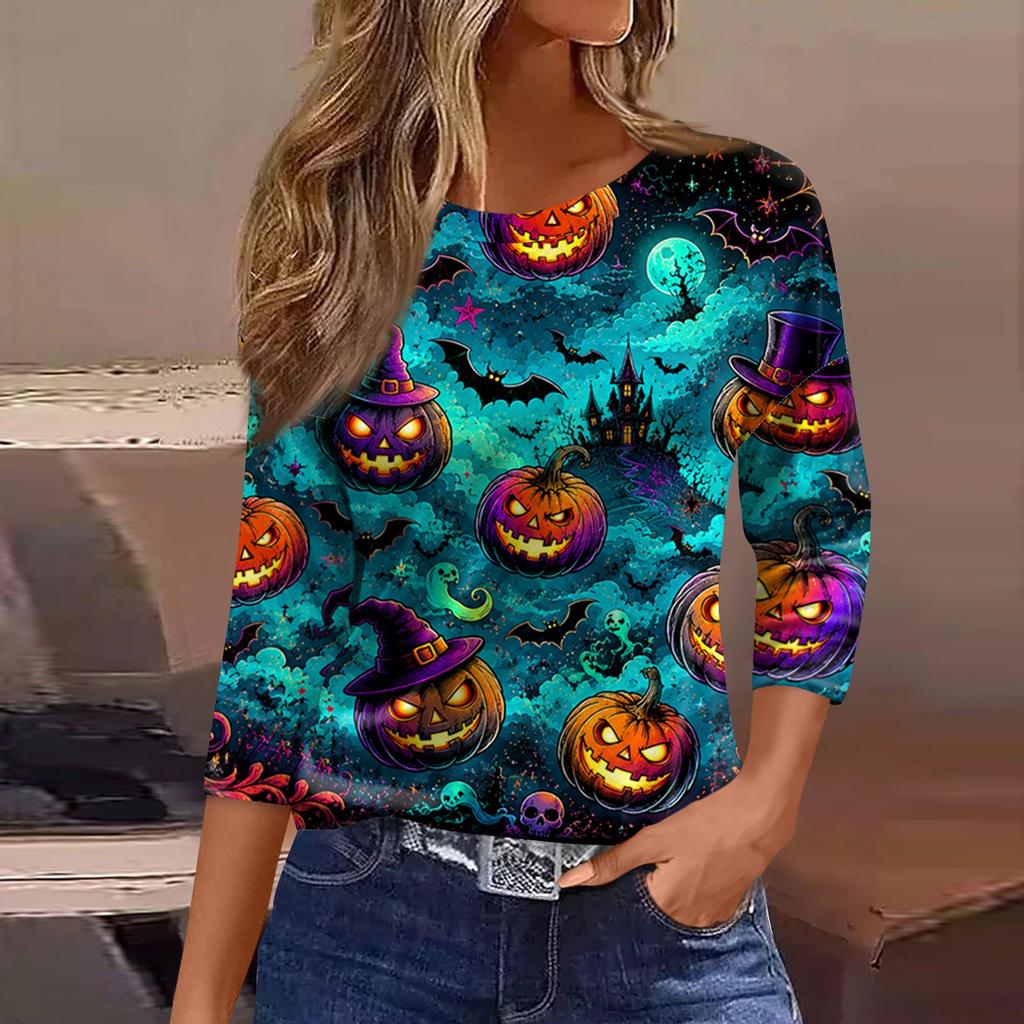 Women's Casual Three-Quarter Sleeve Round Neck Top with Halloween Print for Holiday Outfits