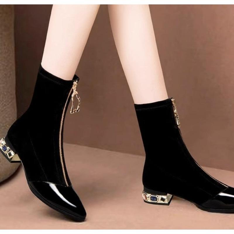 Naiste läikivad litritega poolsaapad, talvemood, terava otsaga eesmine tõmblukk Rhinestone'i kandilised kontsad, lühikesed saapad, retromoodsad mootorrattakingad