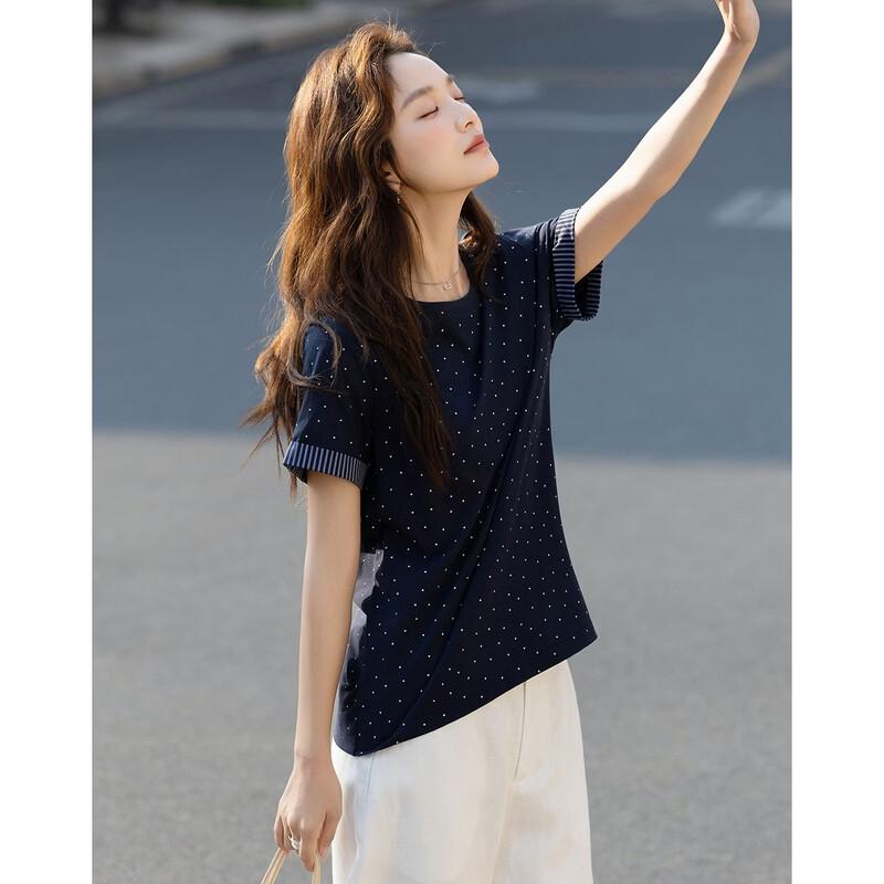 Women's Polka Dot & Stripe Spliced T-Shirt