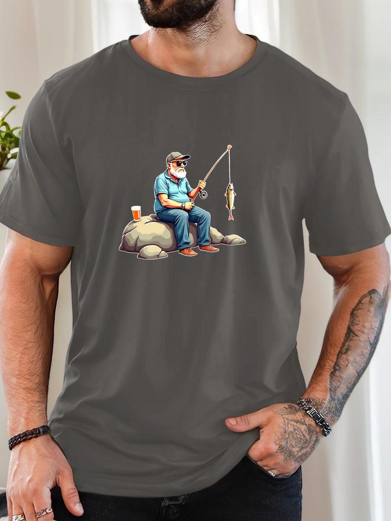 Cartoon Fisherunisex Beer Print Unisexs Crew Neck Short Sleeve Tee Soft Summer Top For Angling Lover Daily Street Basic Outfit Wear