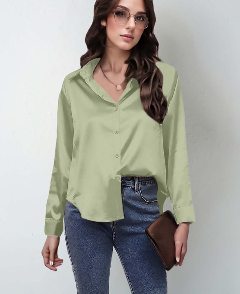 Women's Long Sleeve Silk Feeling Shirt Wrap Knot Casual Blouse