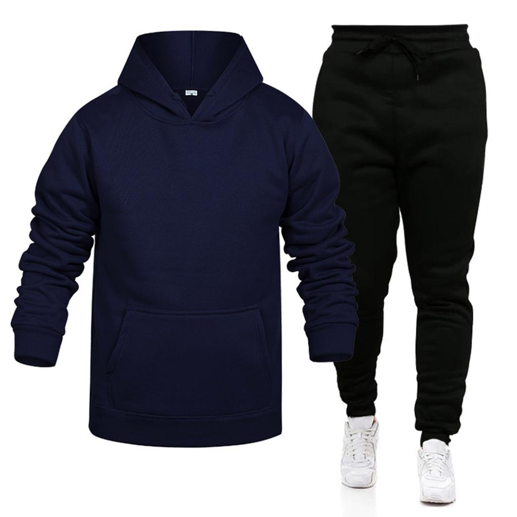 Men's Winter Solid Color Long-Sleeved Hooded Drawstring Sweatshirt And Sweatpants Suit