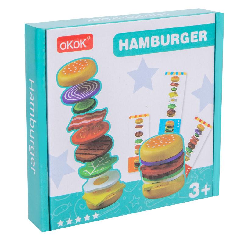 

Non-Toxic 1Pc Wooden Hamburger Pretend Play Stacking Game Food Theme Matching Toy With Pattern Cards Suitable For Children Ages 3+