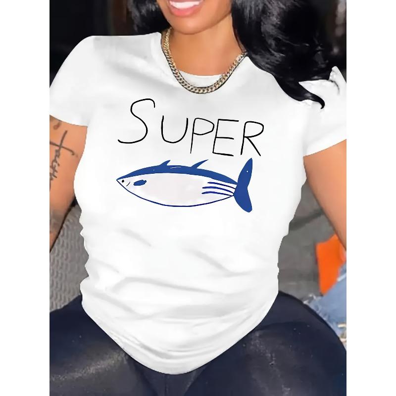 

Women s Short-Sleeve T-Shirt with Fish Print - Breathable Round Neck Casual Blouse, Soft Stretch Fabric Suitable for All- Wear, Machine Washable S белый