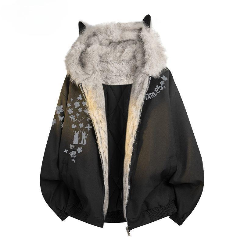 Women Winter Thicken Cotton Jacket Cat Ear Faux Fur Hoodie Cute Print Warm Parka Coat