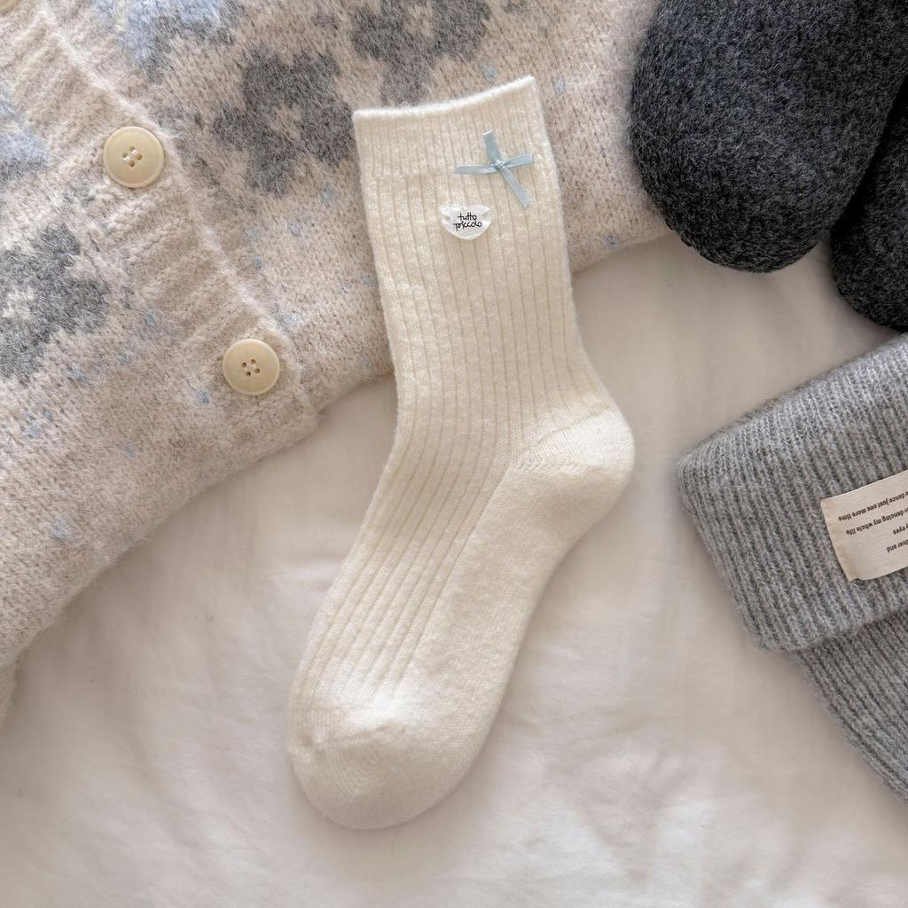 Thickened Buttons, Korean Bows, Gray Wool Socks, Love Girl Socks, Piles Of Socks
