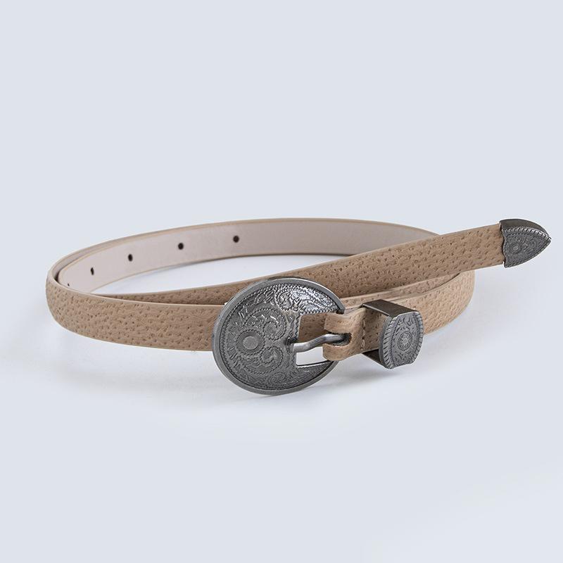New Ladies' Retro Carved Ancient Silver Buckle Western Style Genuine Leather Thin Belt Pig Skin Peeled Versatile Fashion Belt