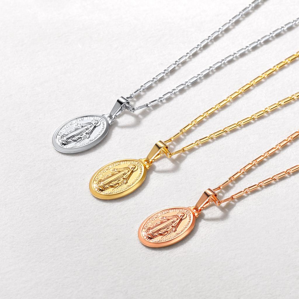 U7 Vigin Mary Necklaces 22" Chain 3D Embossed Vigin Mary Oval Coin Pendant Medallion Religious Christian Dainty Jewelry Gift