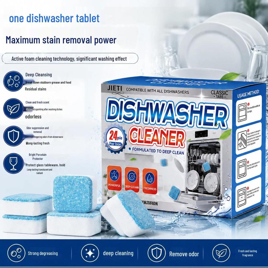 Effervescent 5-in-1 Dishwasher Tablets: Dissolve Grease, Soft Water Salt, & Cleaner.