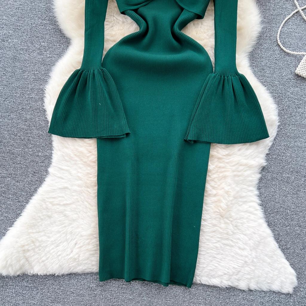 Sexy Bodycon V Neck Flare Pletené šaty s dlouhým rukávem Elegantní Elegantní Vestidos Podzimní Ženy Módní Hip zavinovací šaty