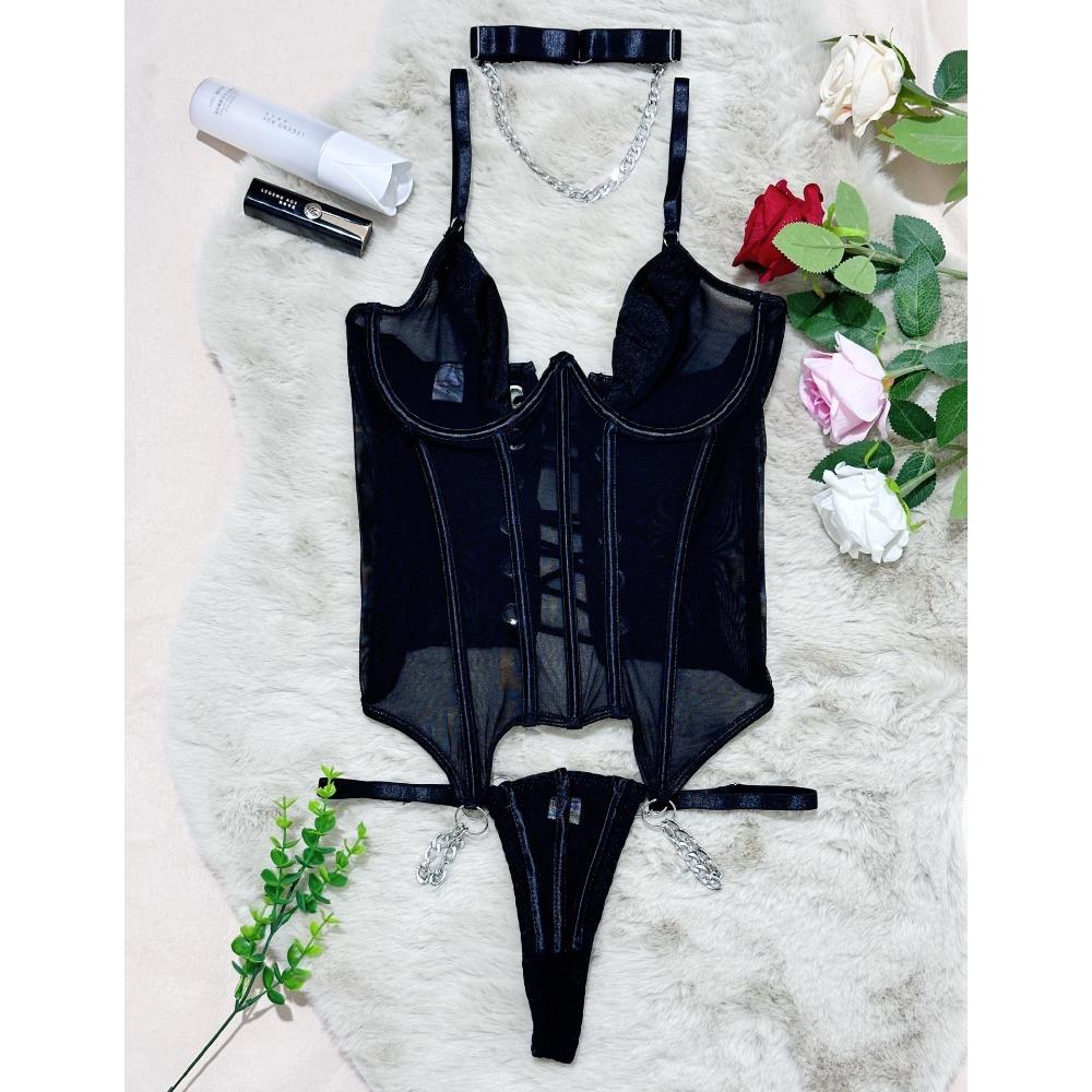 Cross-border Burgundy Satin Underwired Corset Garter Belt Lingerie Set for Women