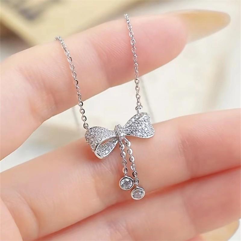 Classic S925 Silver Bow & Water Drop Tassel Pendant Necklace for Women - Elegant High-End Clavicle Accessory S925 Silver