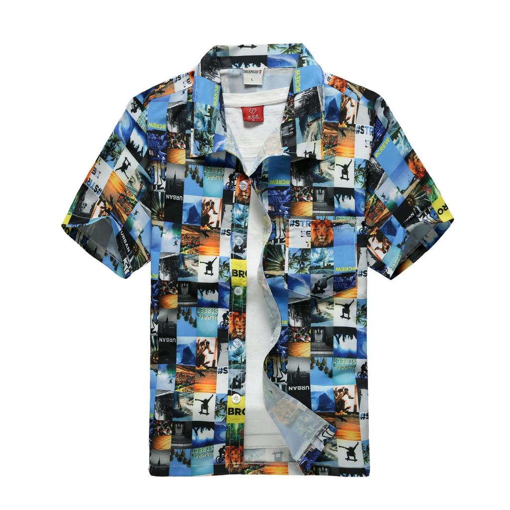 Hawaiian men's printed short-sleeve shirt, large summer beach shirt, loose casual seaside surfing beachwear
