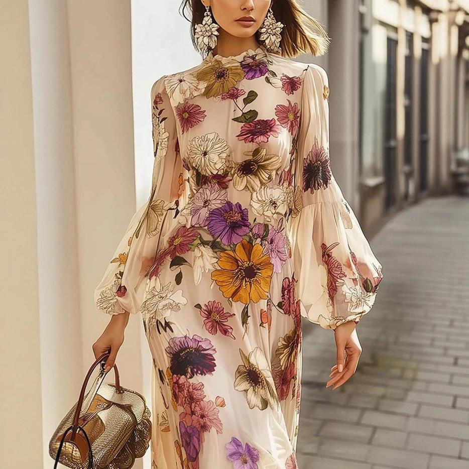 Floral Print Long Sleeve Dress with Flare Sleeve S