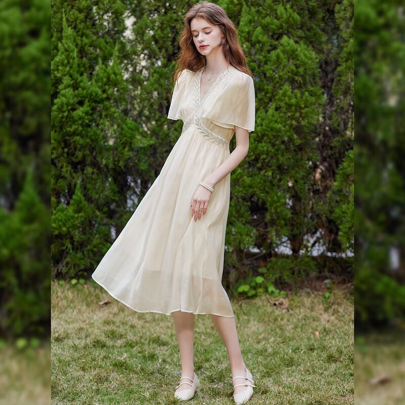 Bailuyu V-Neck Puff Sleeve Slim Fit Long Dress with Beaded Belt