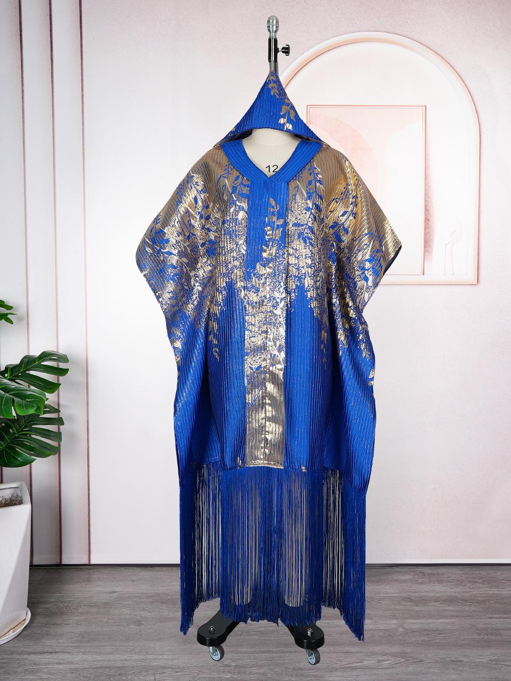 

Plus Size African Tassel Dress with Headscarf - Long Robe Style, Hot Stamping Design. One Size синій