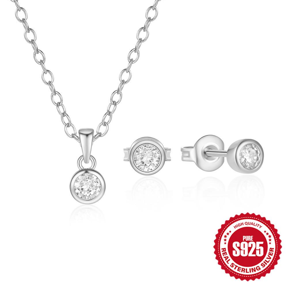 

S925 Sterling Silver Simple Classic Round Hemming Inlaid Zircon Necklace + Stud Earrings Combination Commuter Set 925 Silver