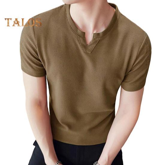 

Мужская футболка с V-образным вырезом, однотонная повседневная футболка, летний свитер с короткими рукавами для повседневных выходов, занятий спортом дома, уличной одежды S дубильная кора