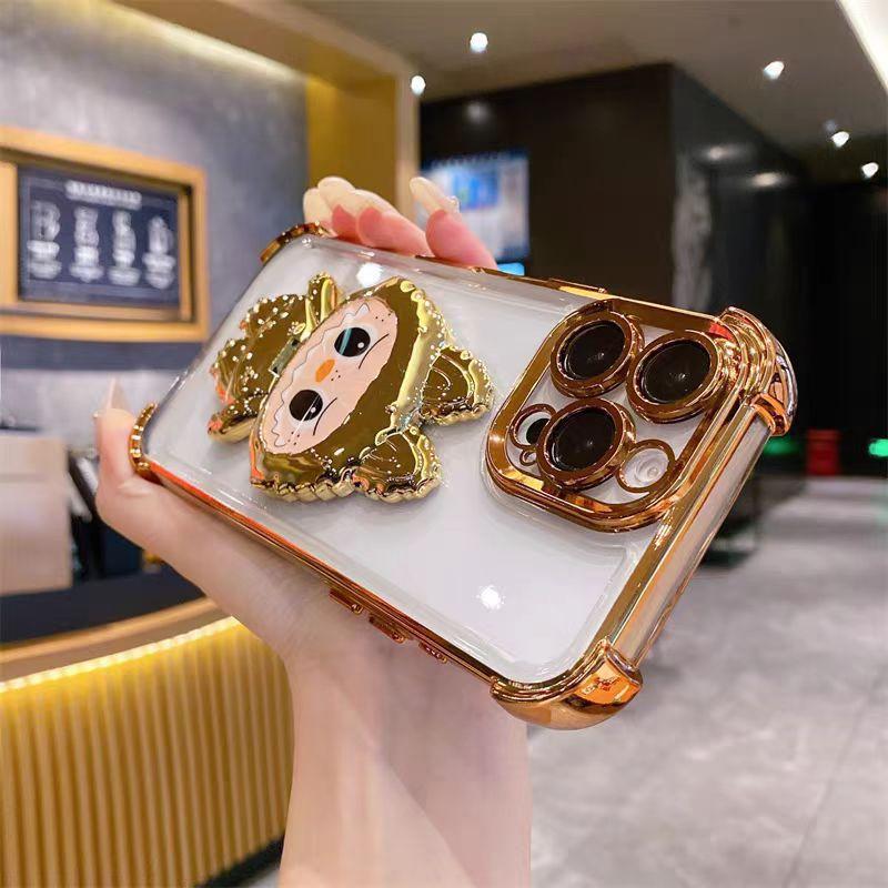 Applicable to iPhone16 Labu mirror bracket mobile phone case Apple 15 electroplated four-corner airbag anti-drop 14 soft case
