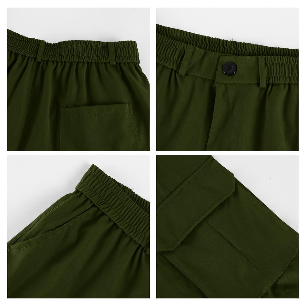 Men's Solid Color Button Closure Elastic Waist Cargo Pants with Six Pockets Workwear Long Trousers Durable Fabric Comfortable Fit