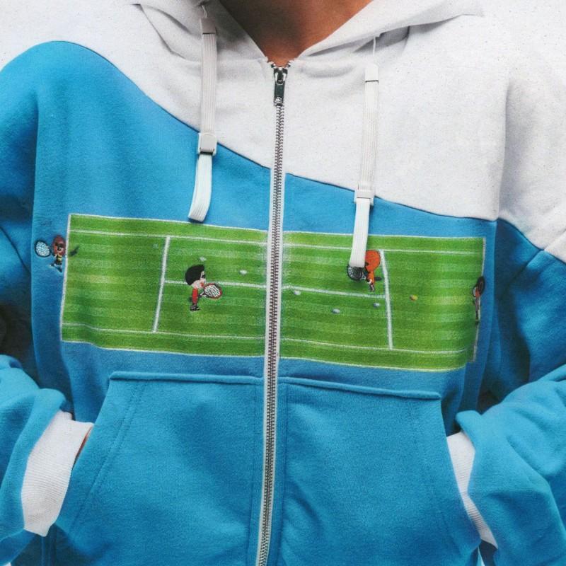 Womens Vintage Tennis Cartoon Embroidery Hoodie Blue White Contrast Casual Loose Zip Up Jacket