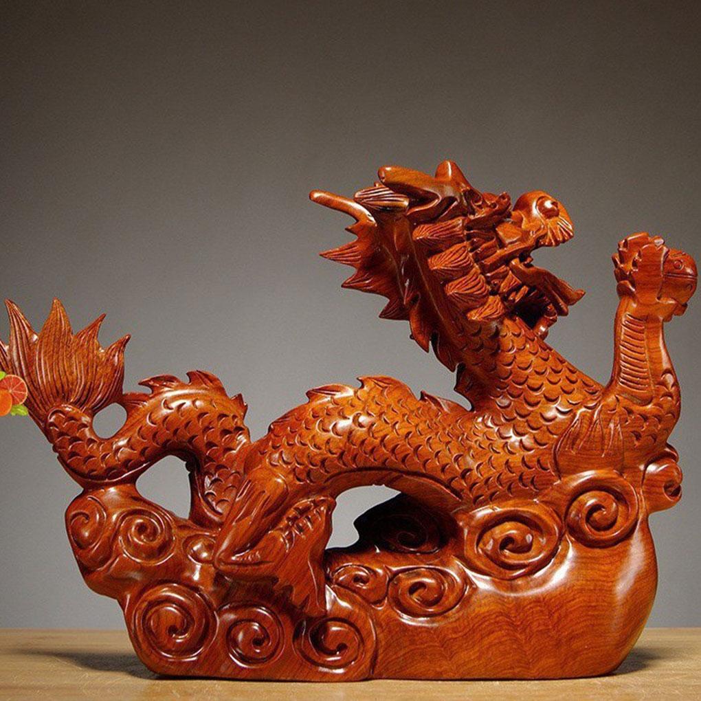 Wooden Chinese Fengshui Dragon Figurine Statue Auspicious Decoration For Festival Flavor