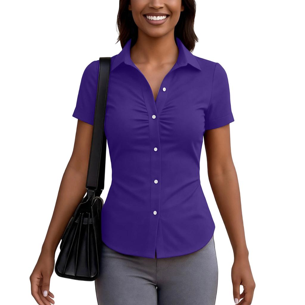 Camicetta Estiva da Donna a Maniche Corte, Colore, Vestibilità Aderente, Collo a Revers, Top Camicia Casual per e Uso Quotidiano