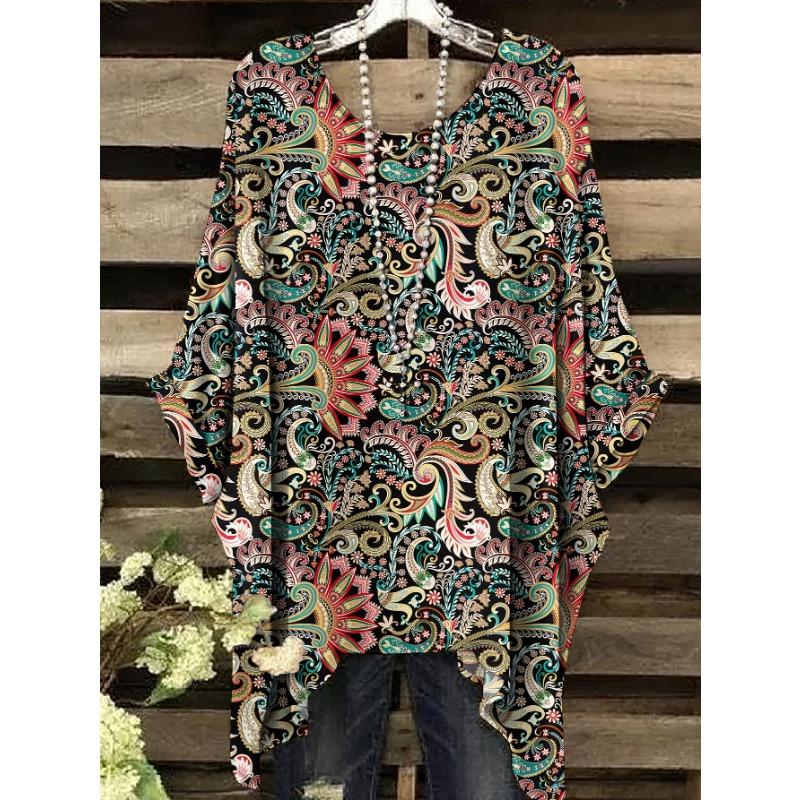 Ethnic style round neck T-shirt casual and comfortable large size top