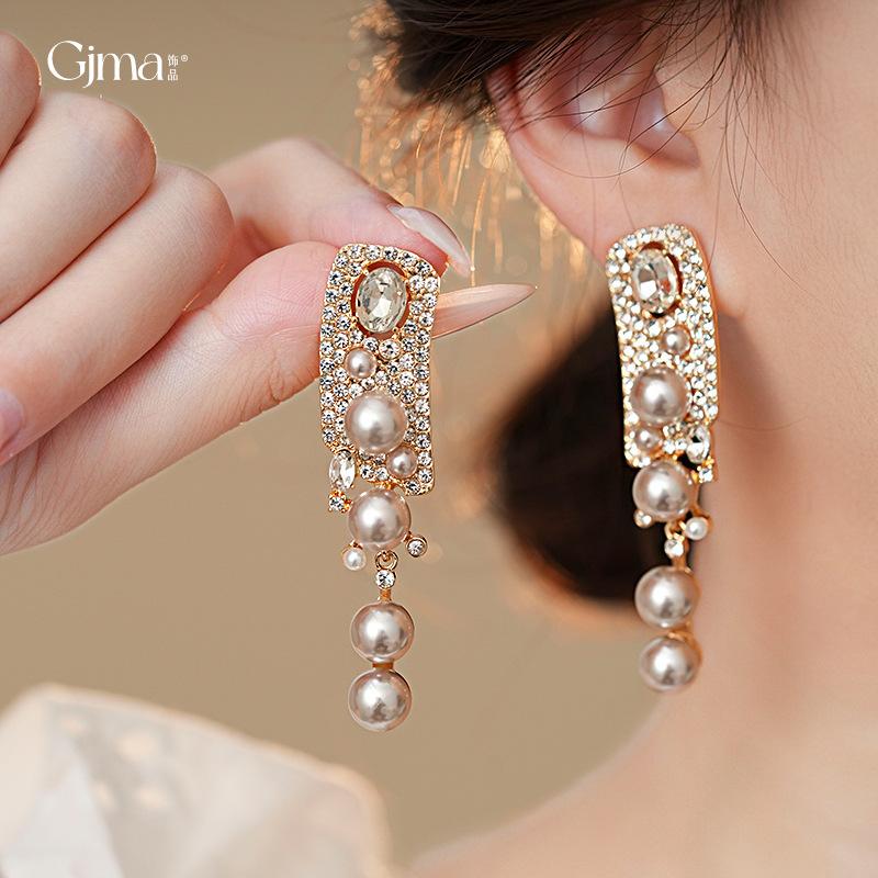 French diamond-set artificial pearl tassel earrings court style earrings retro earrings women