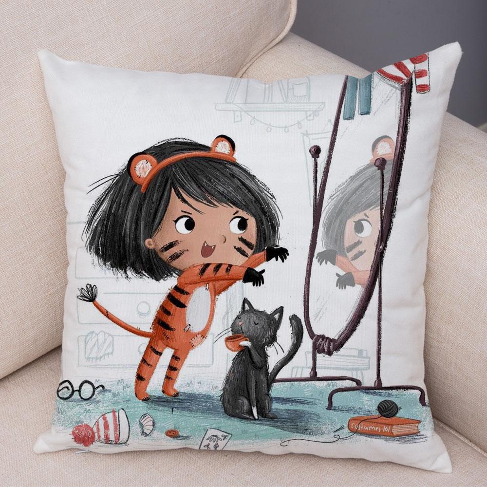 Super Soft Plush Pillow Case for Sofa Home Watercolor Cartoon Girl Cushion Cover Decor Fairy Tale World Lovely Child Pillowcase