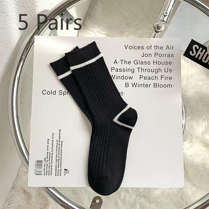 

5 пар женских носков с вышитыми полосками, весна-лето, простые и дышащие, с ворсом в трубе 5 Pairs чёрный