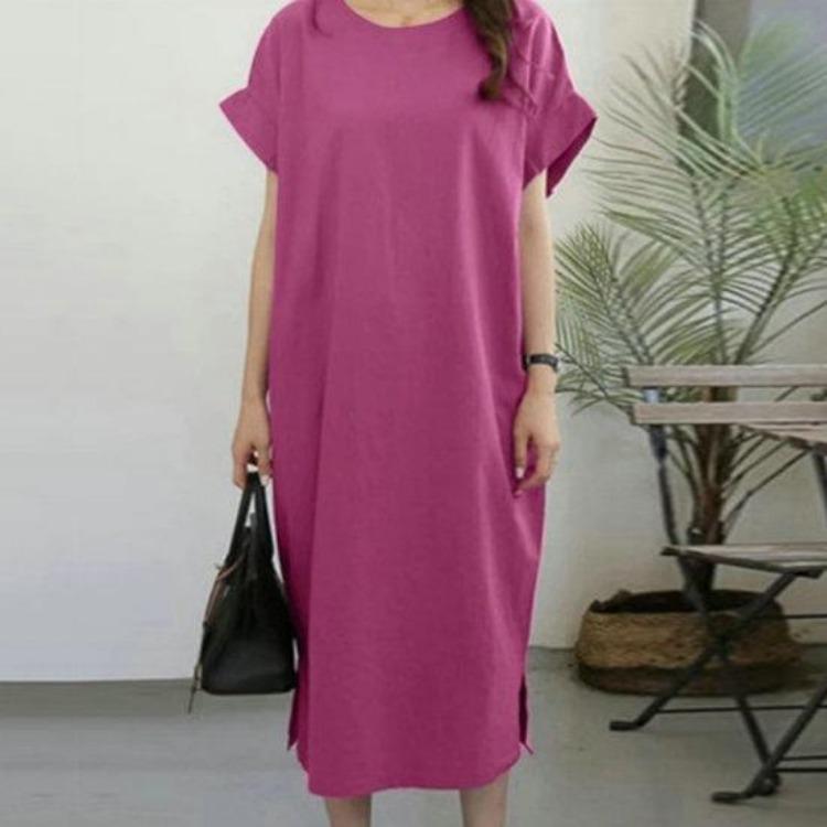 Plus Size Casual Summer Dress Loose Straight Short Sleeves O Neck Midi Length Side Split Hem Soft Breathable Commute Travel Women Dress