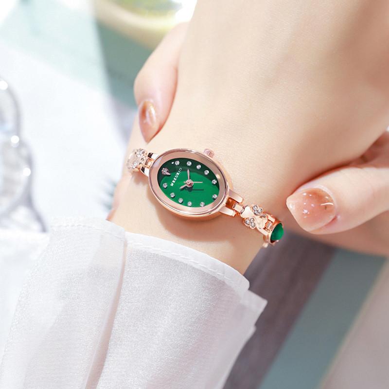 Elegant Ladies Watch With Green Gemstone Dial Quartz Movement For Casual Wear