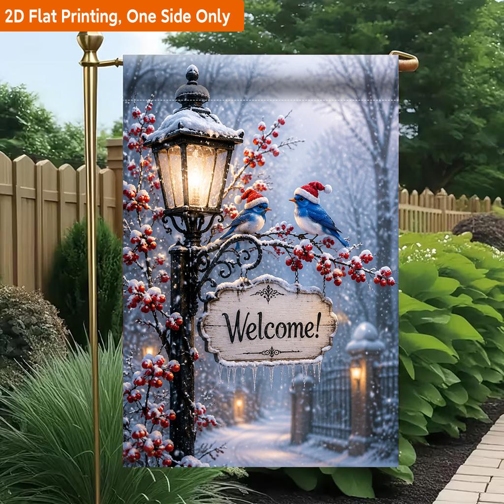2D Flat, 2D Flat Printing Garden Flag 1pc, Winter Lantern with Blue Birds Durable Single-Sided Print Yard Flag, Garden & Home Holiday Decoration, 29.9