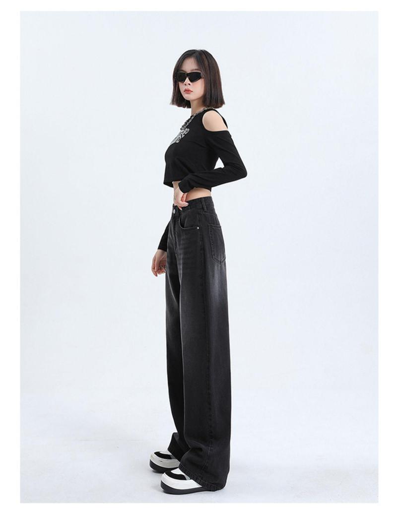 Damen Jeans Schwarz-Grau, Hoher Bund, Weiter Bein, Herbst 2025 Stil, Schlankmachende und Vielseitige Bodenlange Hose.