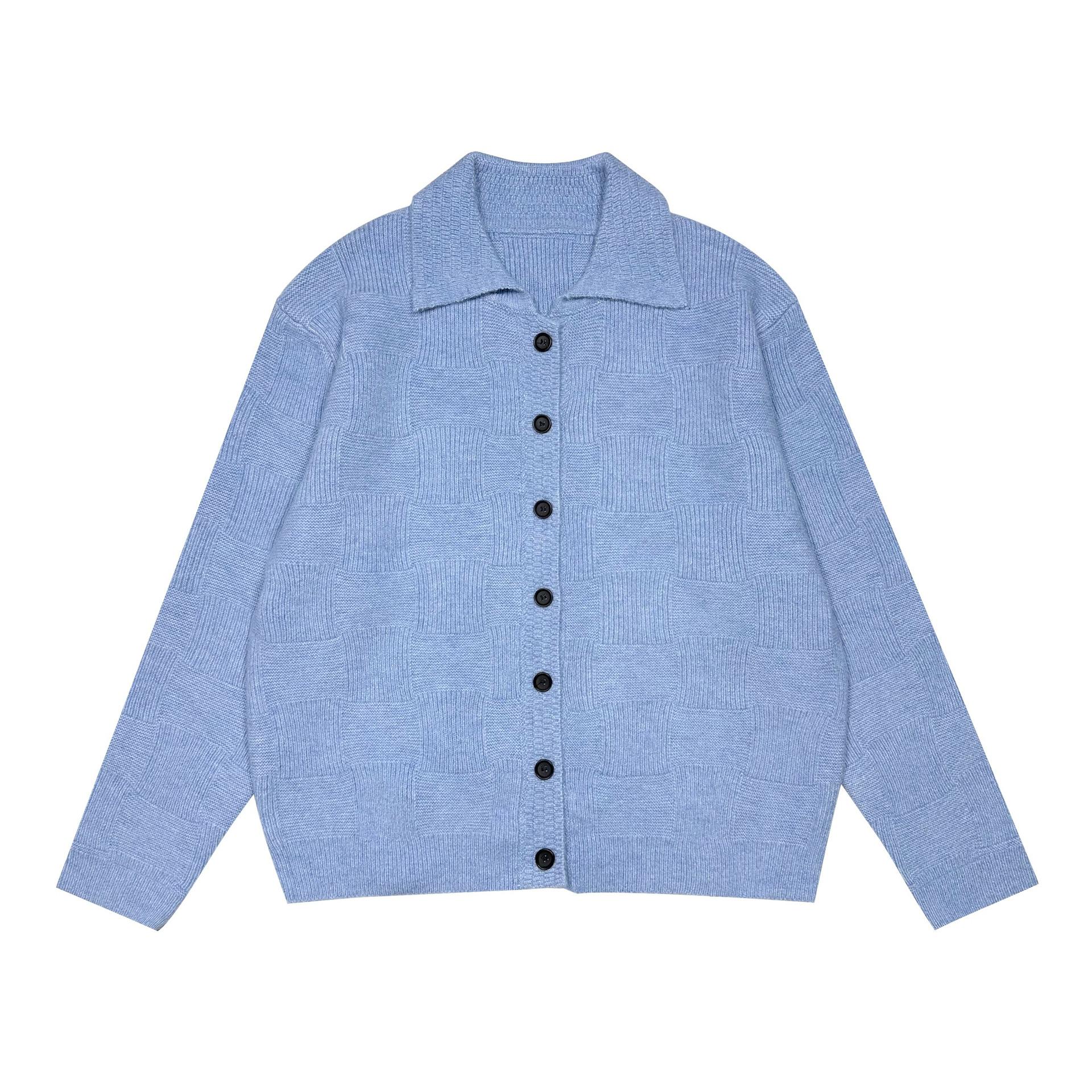 

Blue Checkered Wool Blend Knit Cardigan Sweater with Cleanfit Turn-Down Collar 2XL