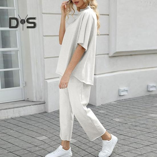 2 ks/sada Dámske Top nohavice Súprava Polovysoký golier Blúzka so širokými nohavicami Elastický pás Nohavice s vreckami Voľný outfit na voľný čas