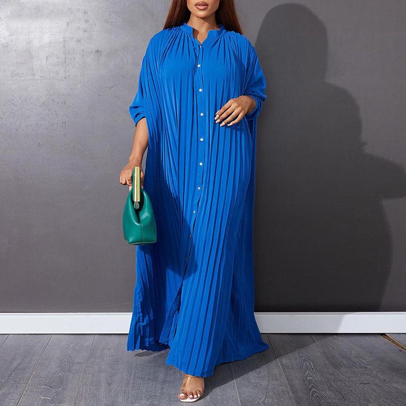 

African Style Pleated Solid Color Button-Down Long Sleeve Dress 4XL жовтий