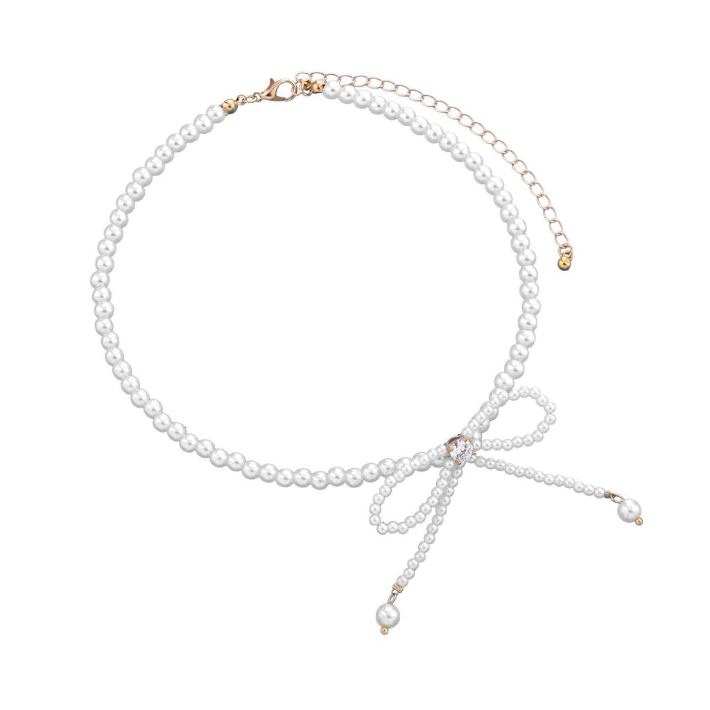 Trendy Full Pearl Fringed Temperament Necklace, Diamond-encrusted Bow Super Fairy Collarbone Chain