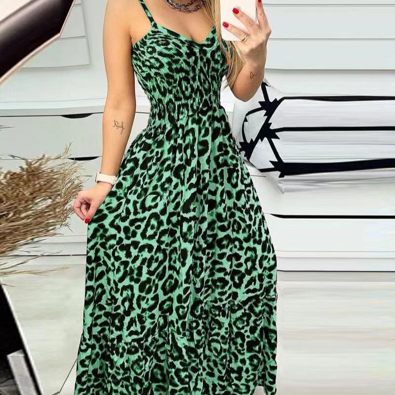 New Leopard Print Camisole V-neck Dress, High Waisted Dress, Sexy Temperament, Fashionable Long Dress