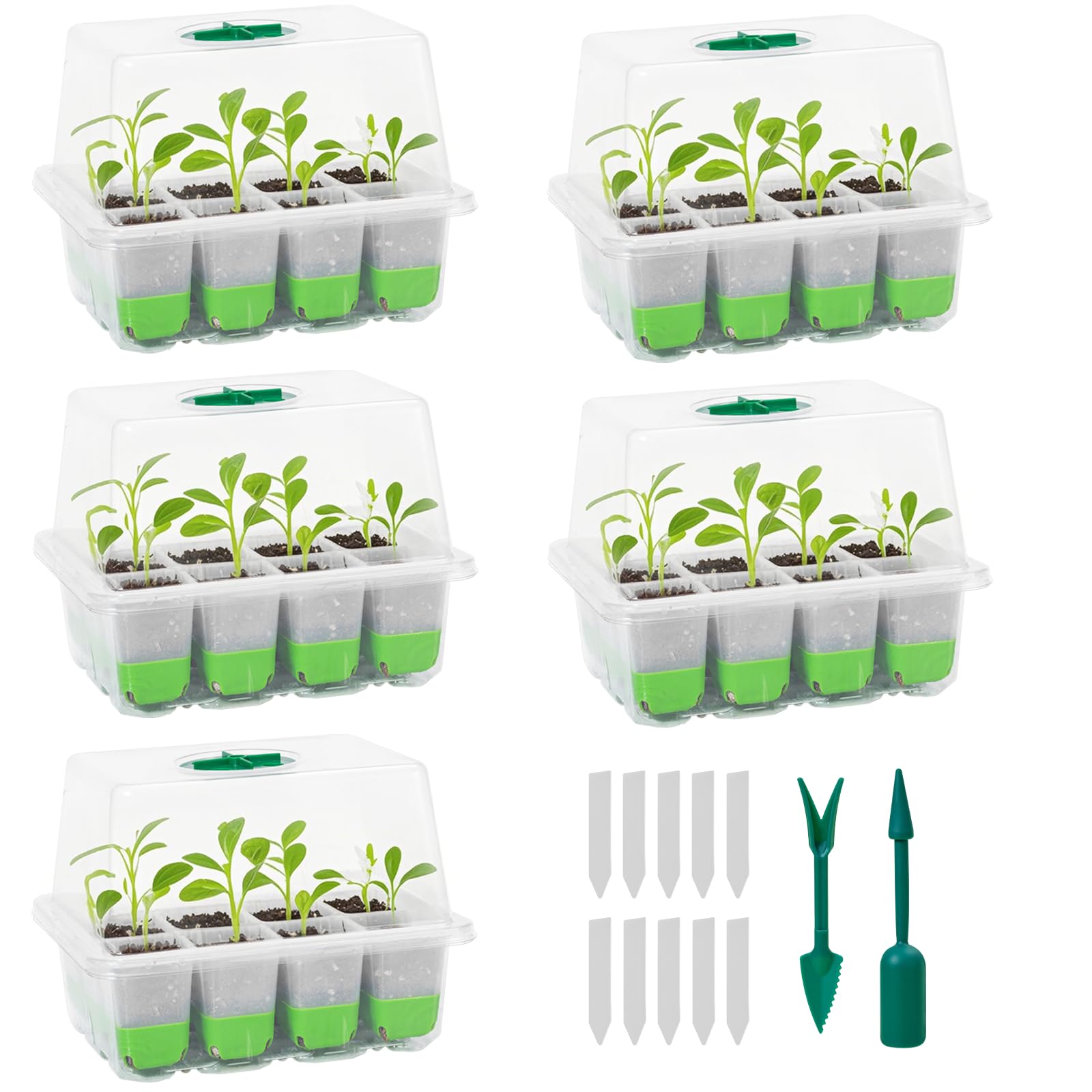 Seedling Pots (Set of 5) - 12-hole Seedling Trays, Seedling Boxes, Seedling Trays, Germination Kit, Transparent Cover, Breathable, Drainage Holes, for